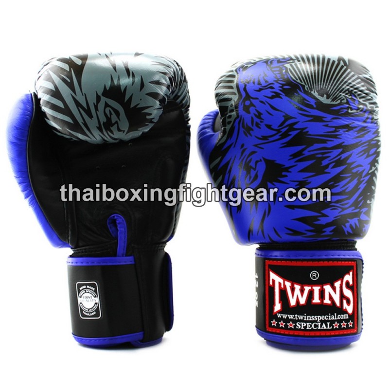 Gants de boxe thai Twins FBGVL3-50 "Wolf" Noir et Bleu | Gants