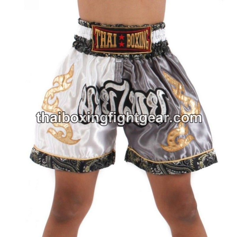 Short de Boxe Thai Enfant Gris Blanc Thaiboxing | Kids