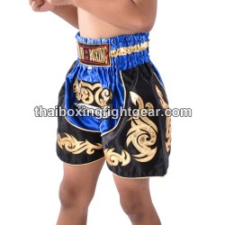 Short de Boxe Thai Enfant Bleu Noir Thaiboxing | Kids