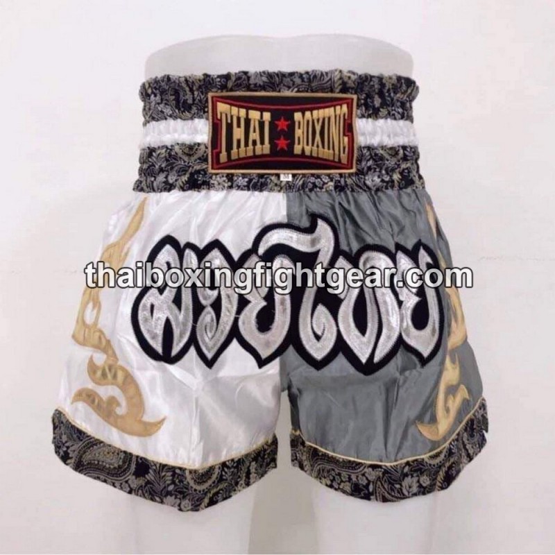 Short de Boxe Thai Enfant Thaiboxing Gris et Blanc Thai Boxing - 1