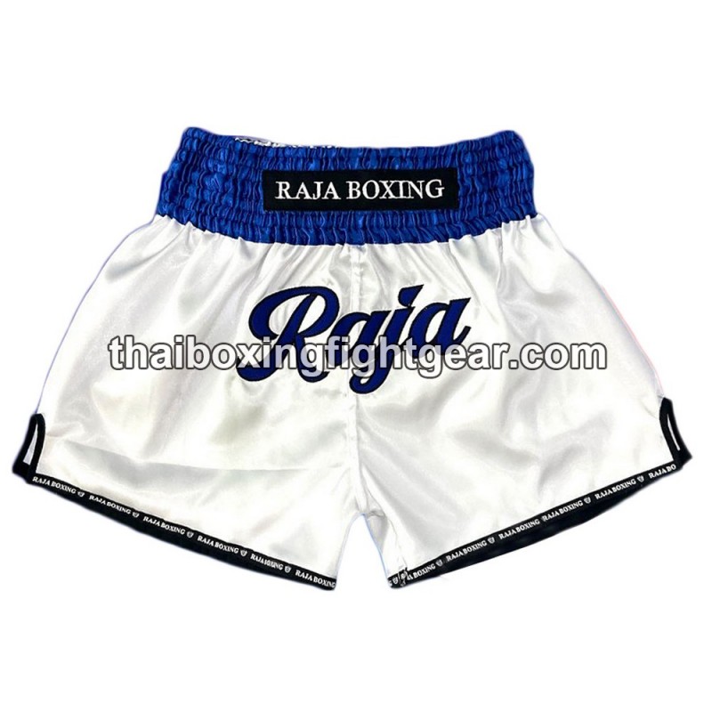 Short de Boxe Thai Raja Boxing "Simple" Blanc Bleu Raja - 1