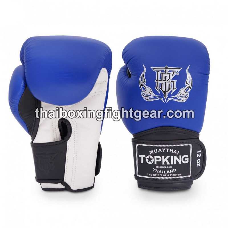 Gants de Boxe Thai TOP KING SUPER TRIPLE TONE-TKBGSV Bleu Blanc Noir